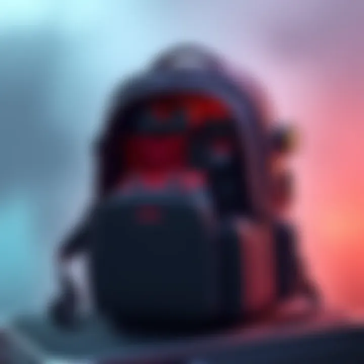 A stylish backpack designed for the Steam Deck, holding the console and extra accessories like controllers and keyboards, ready for travel.