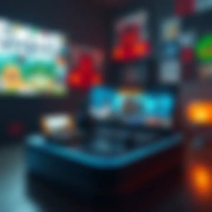 A Steam Deck displaying classic games like Riddick Butcher Bay, showcasing enhanced graphics and community editions, set against a colorful gaming background.