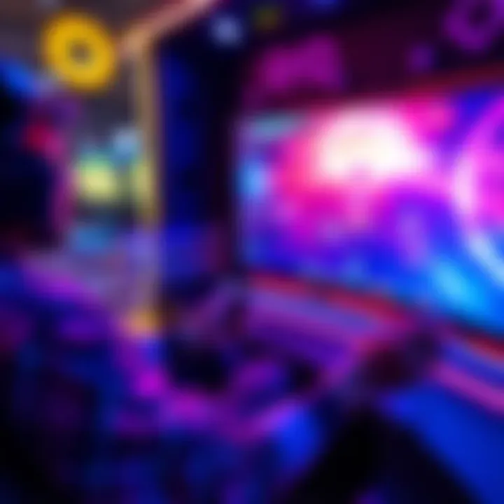 Person playing an immersive game on a Steam Deck, surrounded by colorful graphics on the screen