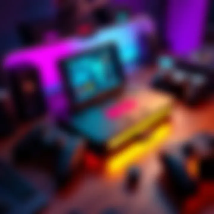 Steam Deck resting on a desk with game controllers nearby, showcasing its screen with a game interface