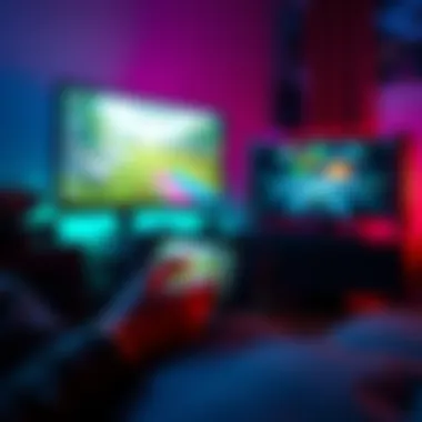 Steam Deck gaming experience A person comfortably playing a game on a Steam Deck handheld console, with a PC setup in the background showing a game with less appeal.