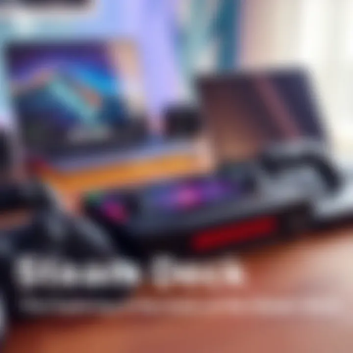 A Steam Deck handheld gaming device on a table surrounded by game controllers and a laptop, showcasing its portable gaming capabilities.