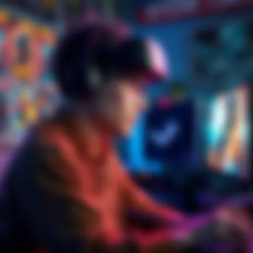 A gamer using a Steam Deck with a head strap while engaged in gameplay, surrounded by gaming accessories and posters.