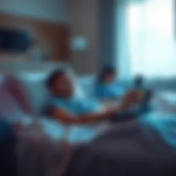 A person sits in a hospital bed playing on a Steam Deck, looking relaxed while their mother rests nearby.