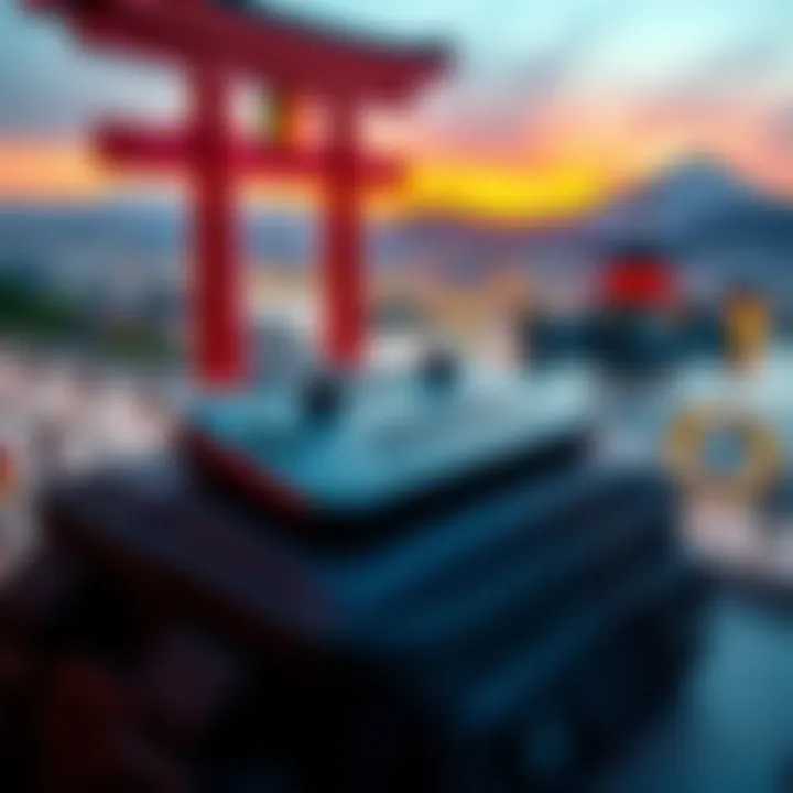 Steam Deck on a travel bag Steam Deck gaming console placed on a travel bag with a scenic view of Japan in the background
