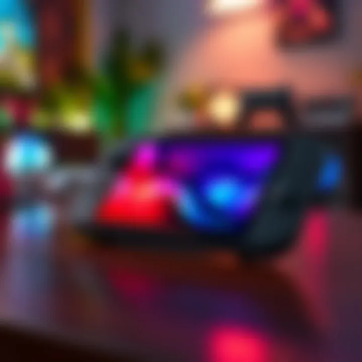 A Steam Deck LCD handheld gaming device resting on a table, showcasing its display and controls, with a cozy gaming setup in the background.