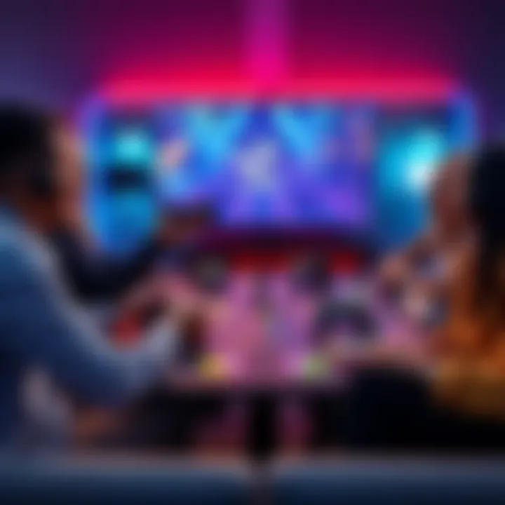 A person playing multiplayer games on a Steam Deck with friends around them, showcasing social gaming interactions.