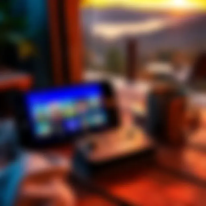 Cozy Steam Deck with Games A Steam Deck device with a colorful display showing various offline game titles, resting on a wooden table next to a travel mug and a scenic outdoor view.