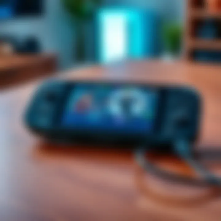 A Steam Deck handheld gaming device placed on a wooden table with a charging cable attached, displaying a vibrant game screen.