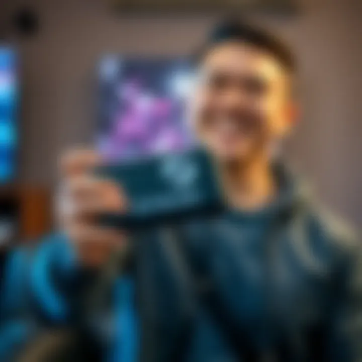 A person holding a Steam Deck gaming console with a big smile, showcasing the device's pristine condition.