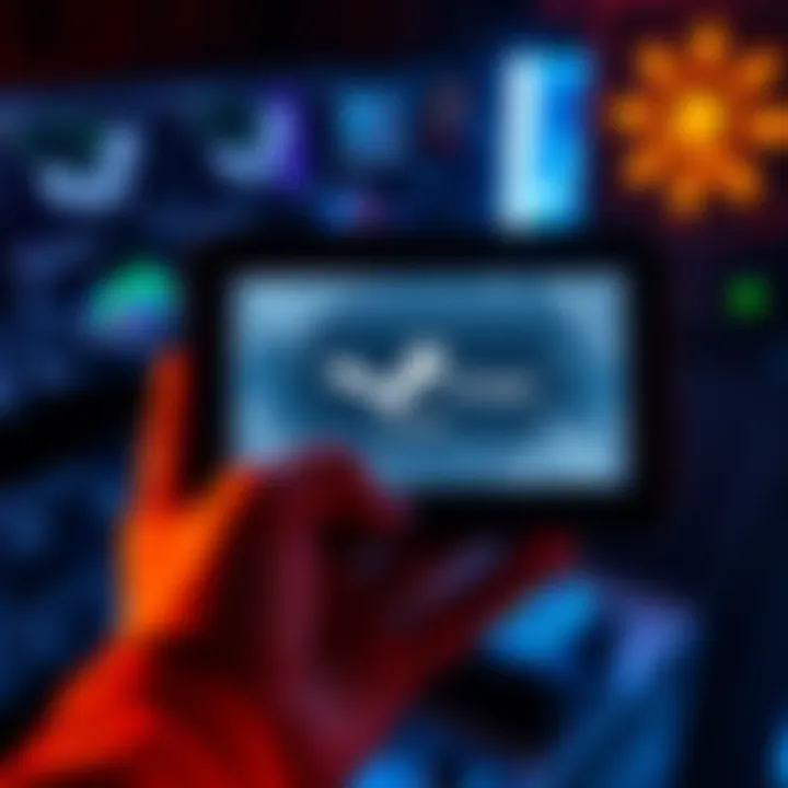 A person holding a Steam Deck showing a frozen startup screen