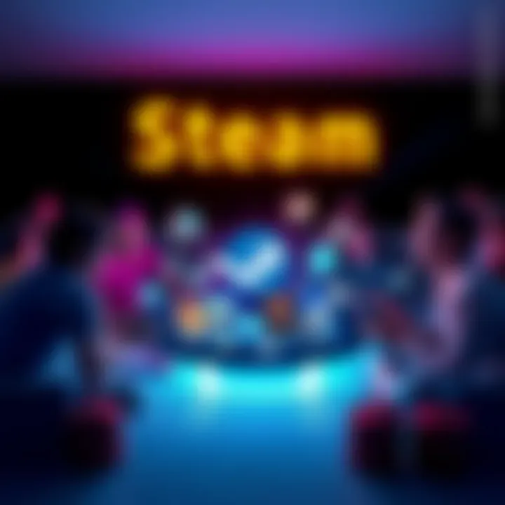 Steam Family Sharing A graphic showing Steam Family Sharing with game icons surrounded by friends and family enjoying gaming together.