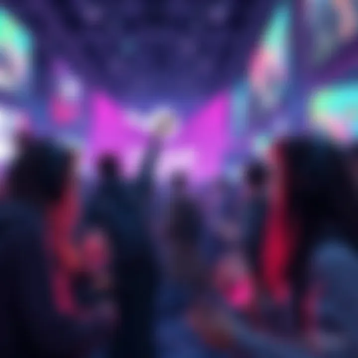 Steam Fest Excitement Gamers excitedly engaging with new games at Steam's fest, showcasing colorful game art and lively interactions.