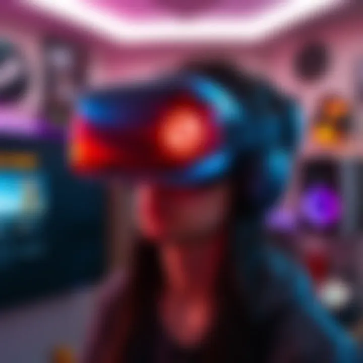 A person wearing the Steam Frame VR headset while playing Half-Life: Alyx in a room with gaming accessories.