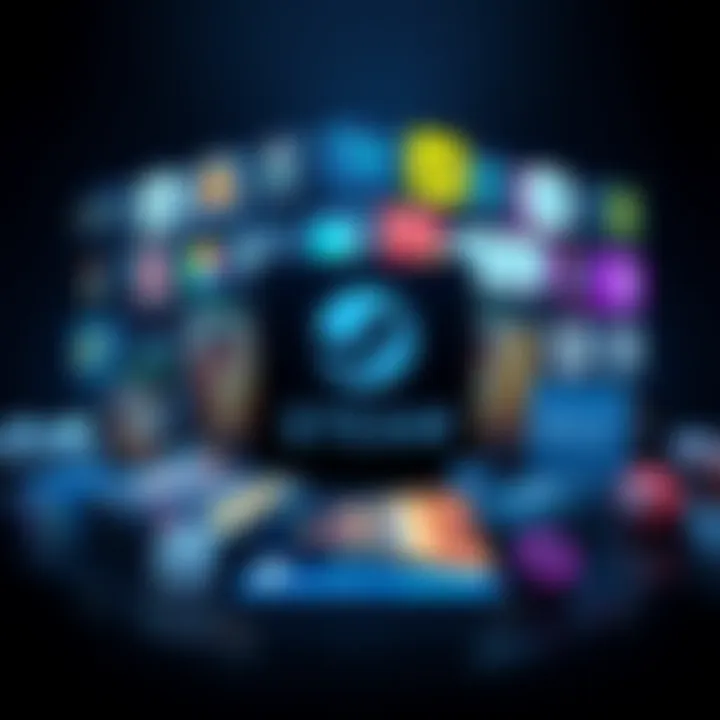 A graphic showing Steam game boxes with various downloadable content icons around them