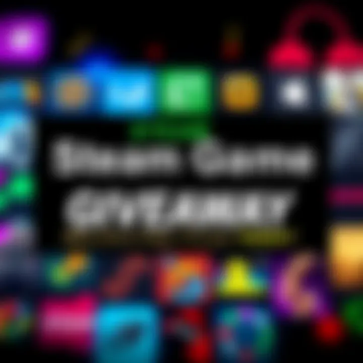 A colorful graphic showcasing various game icons with a text overlay announcing a Steam game giveaway