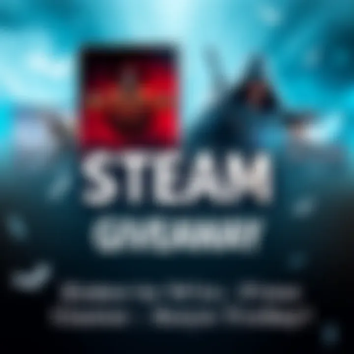 A graphic showing popular Steam games like Diablo IV and Assassin's Creed with a text overlay for a giveaway event.