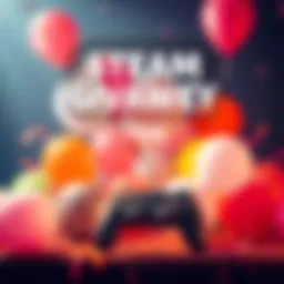 A colorful banner promoting a giveaway for a Steam game worth up to 70€, featuring balloons and a gaming controller