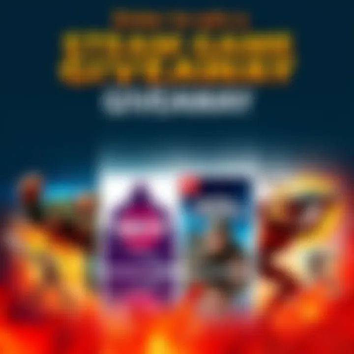 Steam Game Giveaway A colorful graphic promoting a giveaway for four Steam games, featuring images of Warhammer 40,000: Rogue Trader, Grotto, Do Not Feed the Monkeys, and Bionic Commando with vibrant backgrounds.