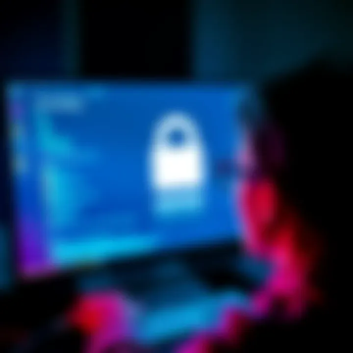 A person looking at a computer screen with a lock icon, symbolizing privacy settings on Steam for game purchases.