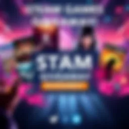 A vibrant graphic showcasing popular Steam games like The Riftbreaker and Life is Strange, with a giveaway banner and social media icons.