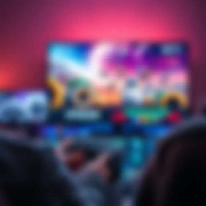 A person playing Steam games on a large TV using a wireless controller, with a computer connected wirelessly.