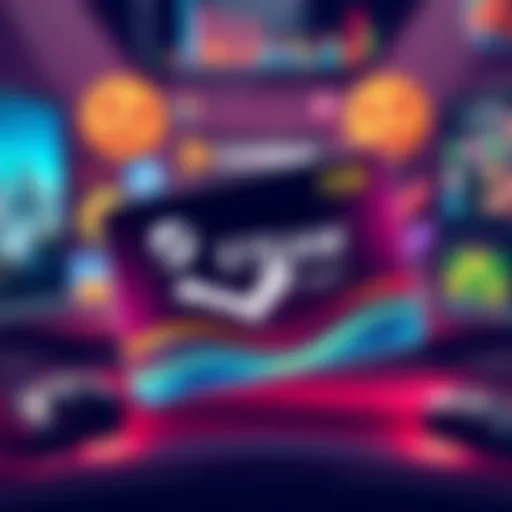 A colorful illustration of a $20 Steam gift card with gaming graphics in the background.