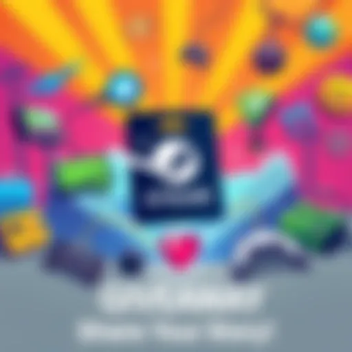 A colorful illustration featuring a $5 Steam gift card surrounded by gaming icons and a heart symbol, inviting community participation.