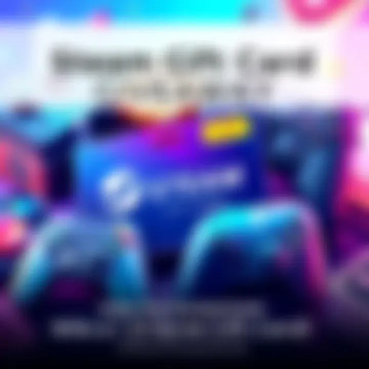 A colorful illustration promoting a giveaway for a Steam gift card, featuring gaming elements like controllers and game titles.