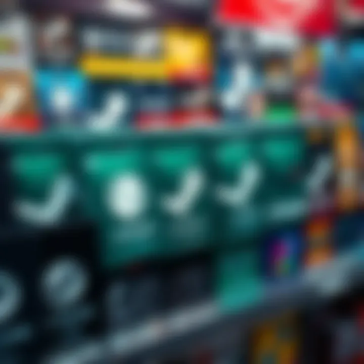Various Steam Gift Cards arranged on a store shelf, showcasing different denominations and designs