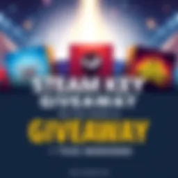 A digital illustration depicting various game boxes representing titles like Deckline, Bridge Constructor, and Return to Castle Wolfenstein, with a message about winning Steam keys this weekend.