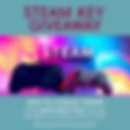 A colorful graphic showcasing a Steam logo with three random game keys and a retro game controller, inviting participants to share their favorite childhood game for a chance to win.