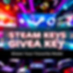 A colorful graphic promoting a giveaway of three random Steam keys, encouraging participants to comment their favorite game mods.