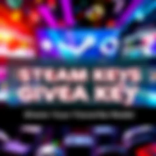 A colorful graphic promoting a giveaway of three random Steam keys, encouraging participants to comment their favorite game mods.