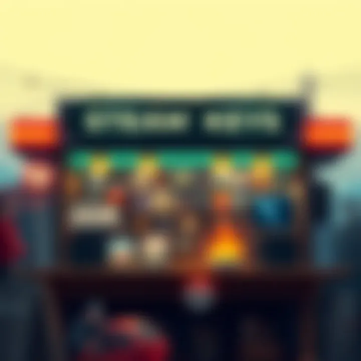 A vibrant trading post with Steam keys for popular video games like DOOM and Resident Evil 2, showing various game covers and a friendly community atmosphere.