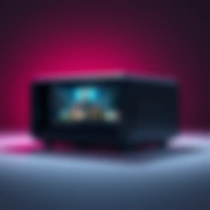 Steam Machine Concept A gaming console mockup representing Valve's Steam Machine, showcasing a sleek design with game graphics displayed on a screen, highlighting performance capabilities.