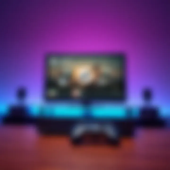 A Steam Machine console sitting on a table, displaying a gaming interface on screen with a controller beside it.