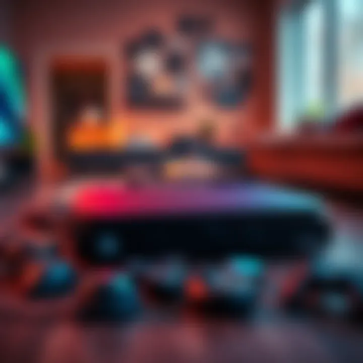 A sleek gaming console with a modern design, surrounded by gaming accessories and a blurred background of a living room.