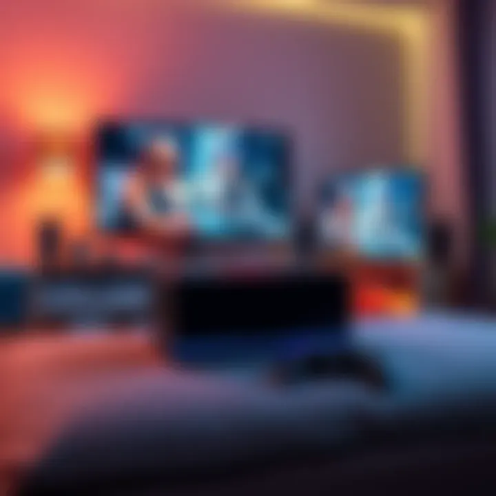 A sleek Steam Machine placed in a living room setup, showcasing its compact design and connection to a TV for gaming.