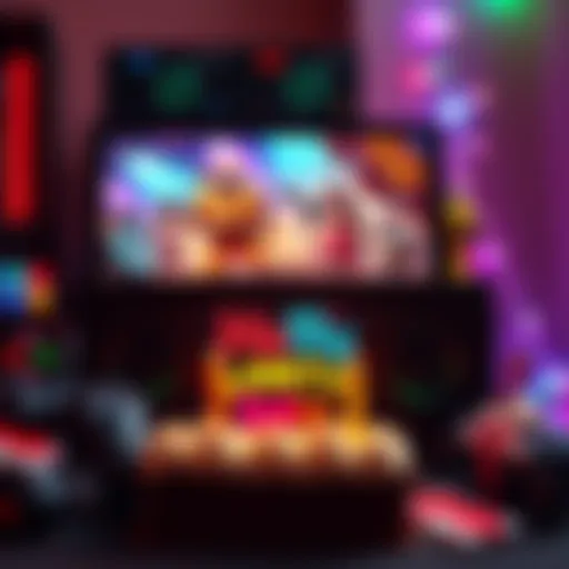 Steam Machine Gaming Gear A close-up of a steam machine with colorful game graphics on the screen, surrounded by gaming accessories and a joyful birthday atmosphere.