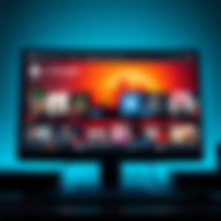 Steam movie service concept A digital library interface showing film rentals and purchases next to game icons on a computer screen