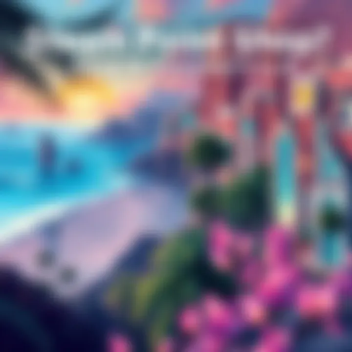 Illustration of various animated backgrounds available in the Steam Point Shop, including a beach scene and a vibrant city skyline.