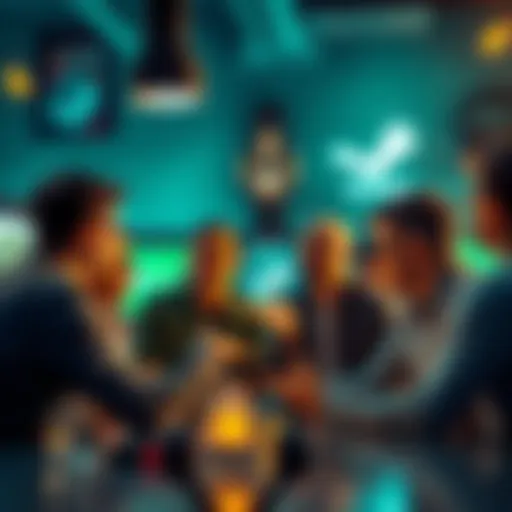 A group of people discussing the value of Steam points with gaming items in the background.