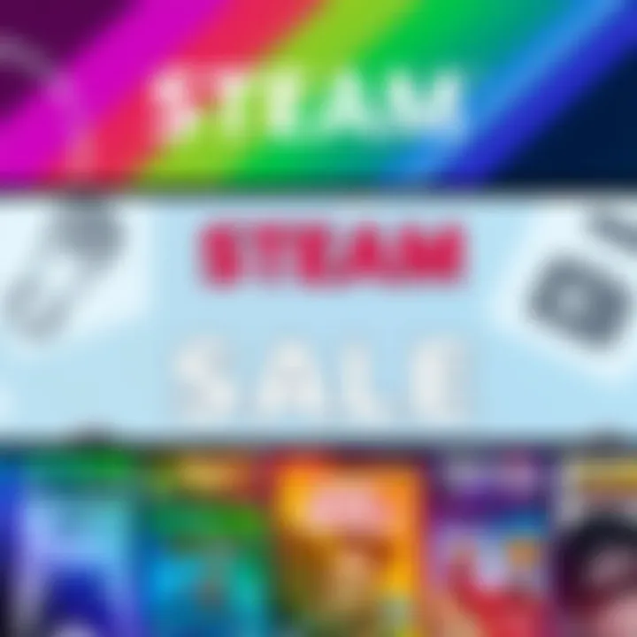 Colorful banner showing various video game titles on sale during a Steam sale event, with discounts highlighted.