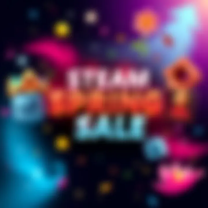 A colorful graphic featuring game icons with a spring theme, showcasing discounts for the upcoming Steam Spring Sale.