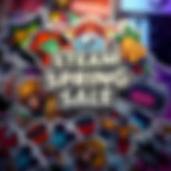 Colorful stickers promoting the Steam Spring Sale 2026 with gaming themes