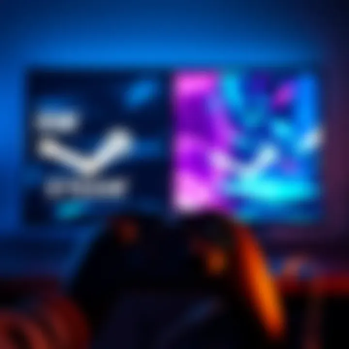 A split screen showing Steam streaming on one side and Steam Link on the other, with a game controller and OLED device in view.