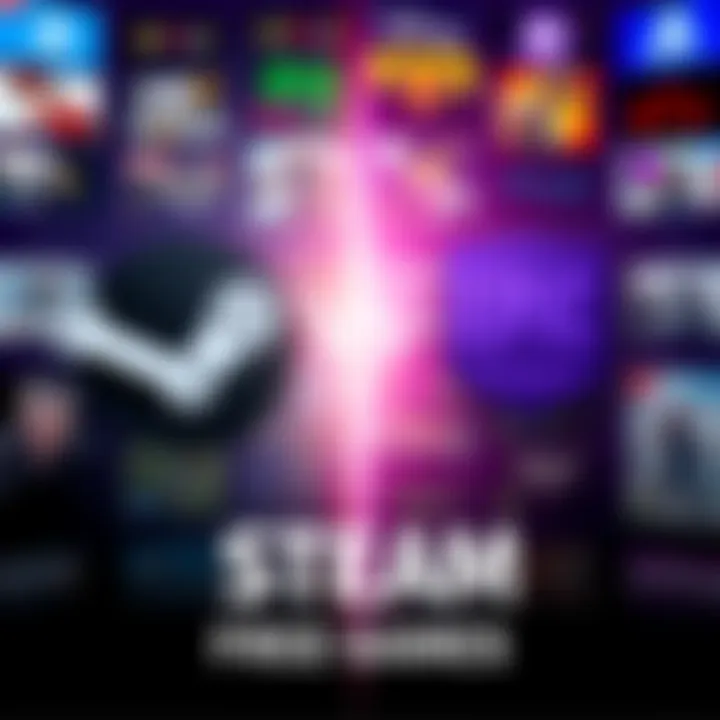 A side-by-side comparison of Steam and Epic Games logos with gaming icons in the background illustrating free games versus paid titles