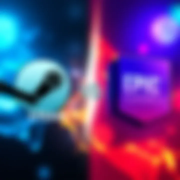A comparison of Steam and Epic Games Store logos highlighting their differences in game offerings and fees