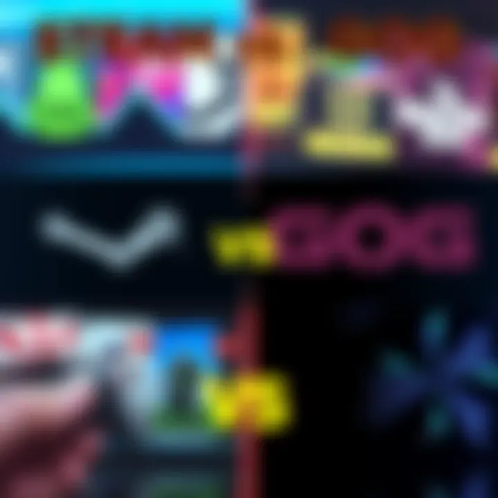 A graphic showing two gaming platforms, Steam and GOG, side by side with game icons and pricing tags.